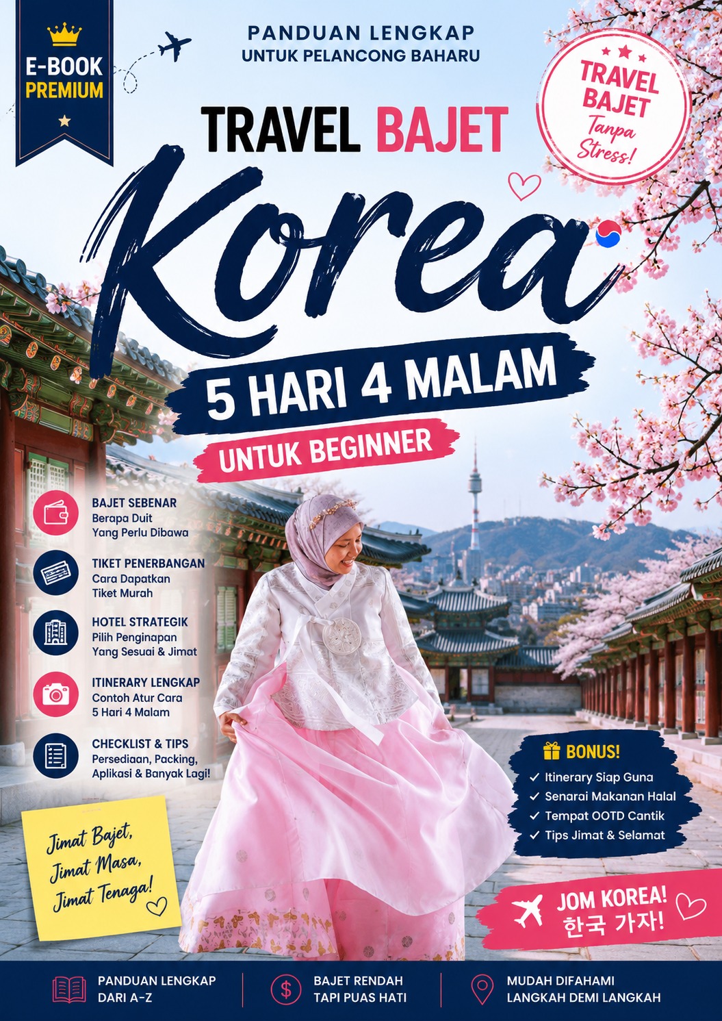 Kulit e-book Travel Bajet Korea 5 Hari 4 Malam untuk beginner